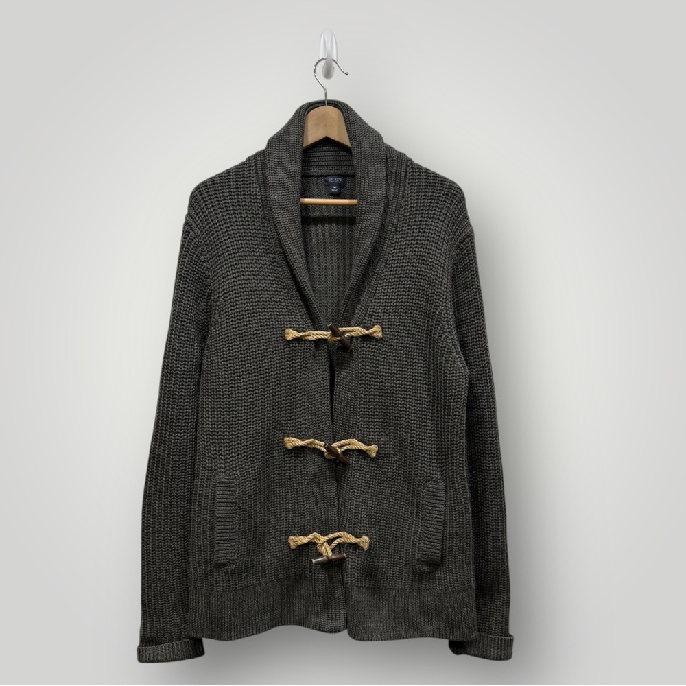 J. Crew Chunky 100% Wool Ribbed Toggle Closures Shawl Collar Cardigan Sz M Green